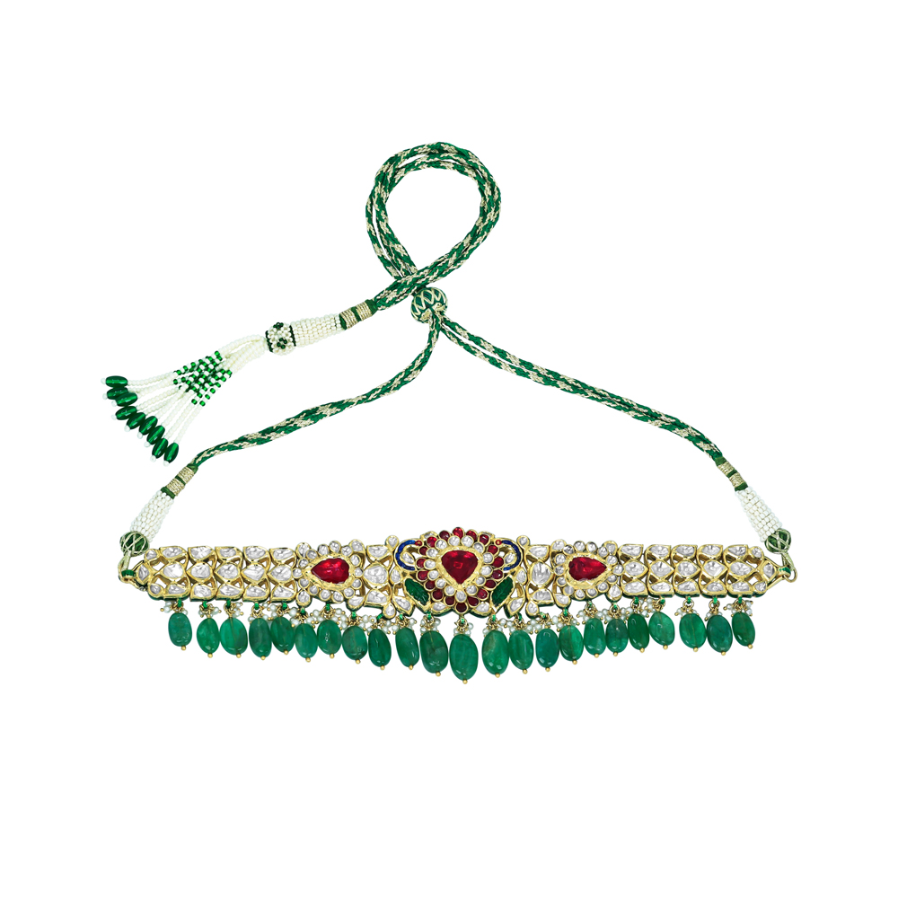 Polki Choker with Emerald Drops and Red Stone Motif
